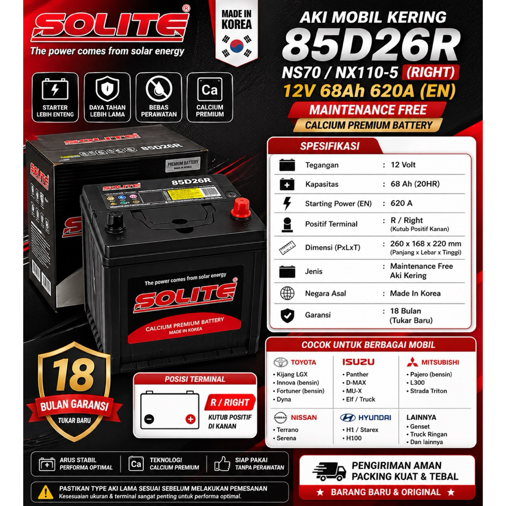 (GRAB/GOJEK)Aki Mobil Kering Solite 85D26R NS70 12V 68Ah Untuk Panther Innova Fortuner Terrano Seren