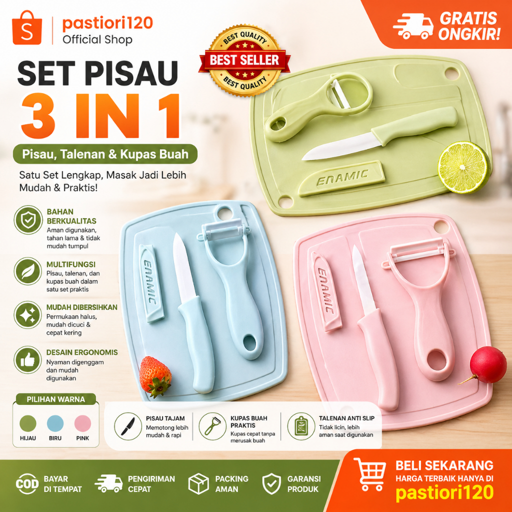 Pisau Set Talenan 3 In 1 / Pisau Set Talenan Pisau Pengupas Buah Sayur Dapur Serbaguna / Pisau Set T