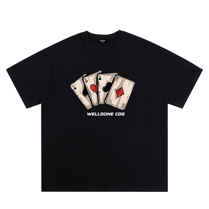 Kaos Distro Oversize Pria Wanita, Desain Grafis Kartu Remi Poker 'WELLDONE CDG' Estetik, Streetwear 