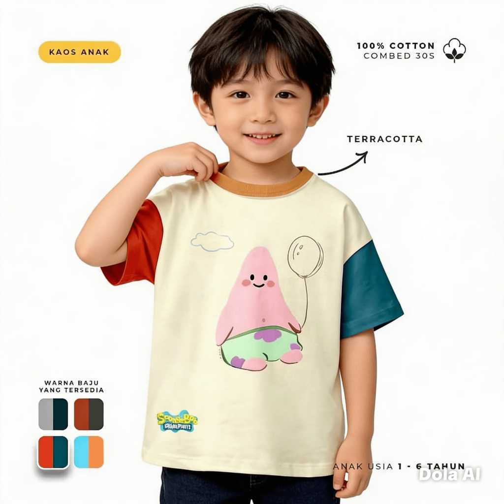 Kaos Anak Lengan Pendek Baju Anak Ula Kids Kaos 3 Tone Patric Spongebob Usia 1 - 6 Tahun #bajuanak