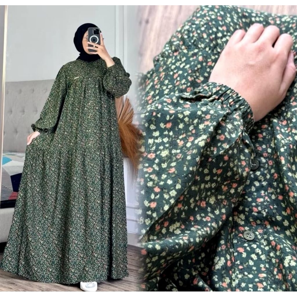 GAMIS MIDI DRESS RAYON TWILL MOTIF BUNGA/MIDI DRESS WANITA DEWASA KEKINIAN/GAMIS LEBARAN 2026