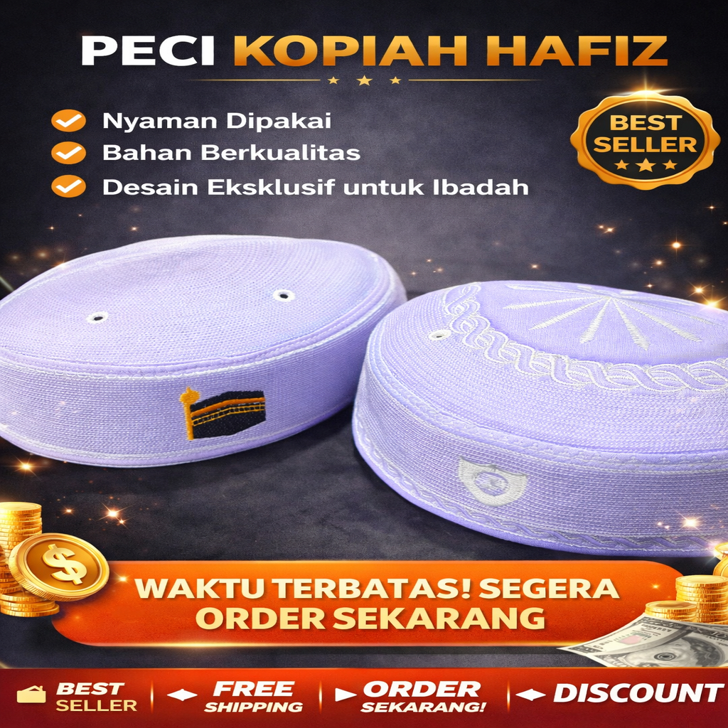 Peci Kopiah Hafiz Lobe Malaysia Putih Logo Bordir Ka'bah Premium Pria Dewasa Sholat