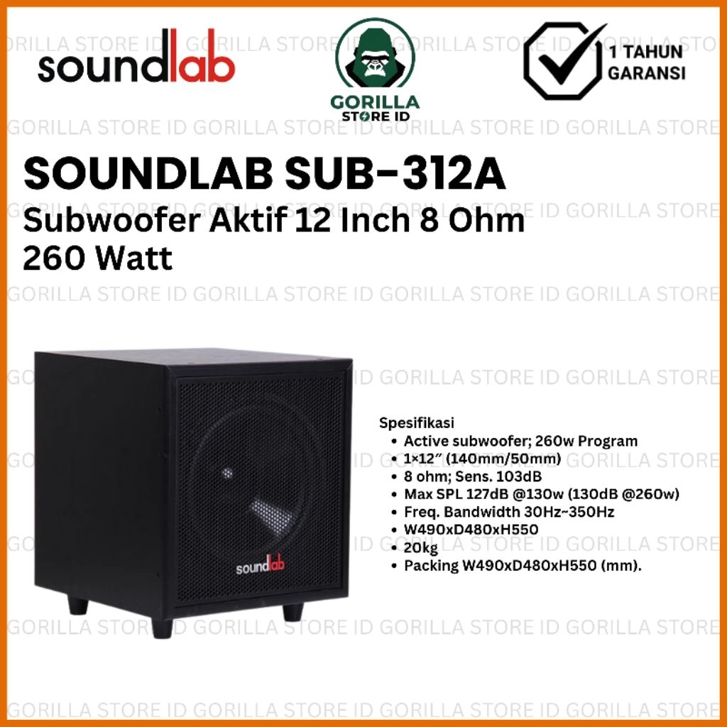 Soundlab Sub 312A Subwoofer Aktif 12 Inch 8 Ohm 260 Watt