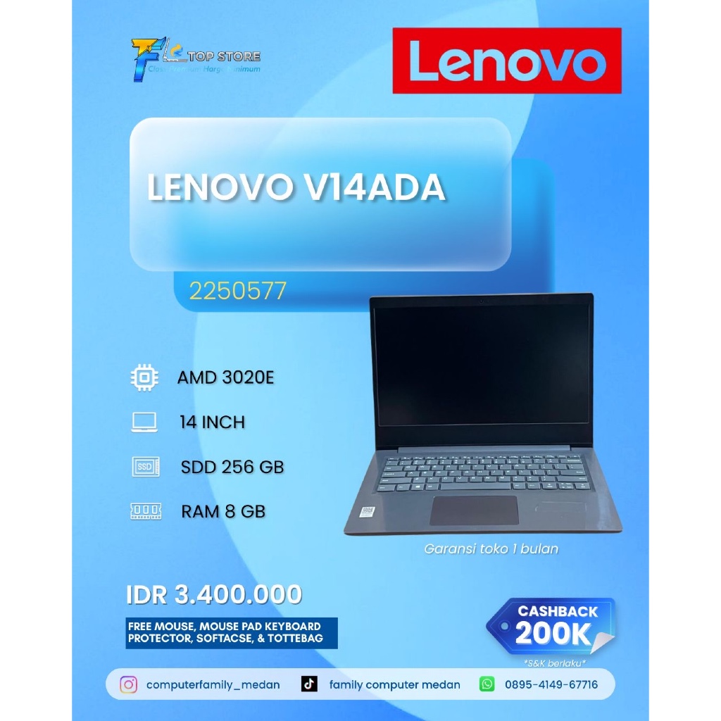 LAPTOP LENOVO V14 ADA AMD 3020E RAM 8GB SSD 256GB