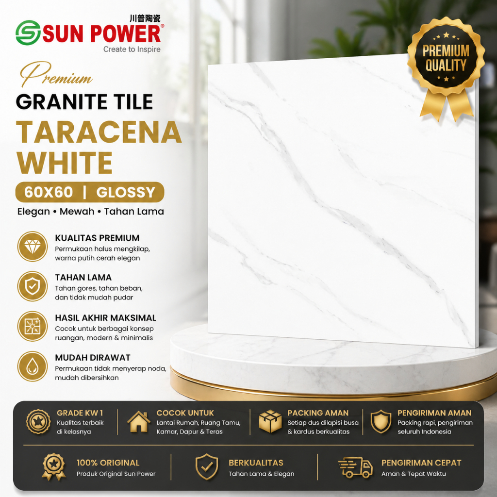 Granite Lantai 60x60 Putih Motif Marmer Sun Power Taracena White Glossy Granite KW1 Premium