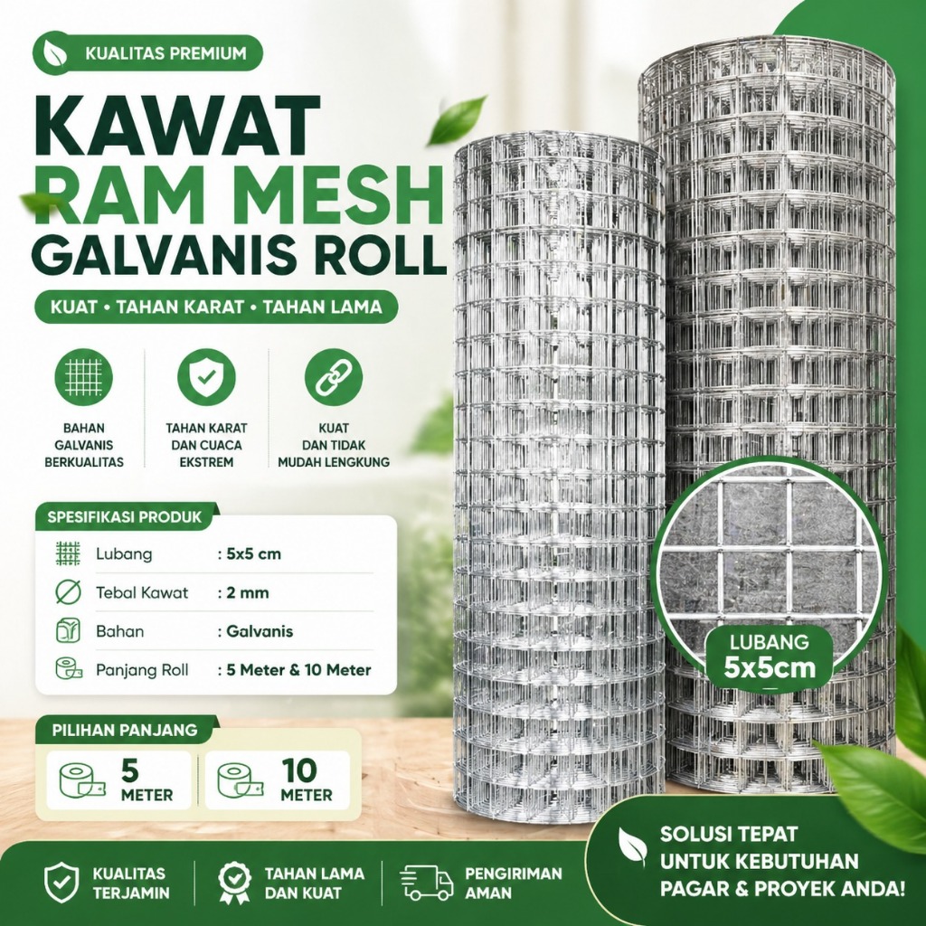 Kawat Loket Galvanis Anti Karat Tebal 2mm Lubangan 5x5cm | Panjang 30 Meter - 10 Meter - 5 Meter | K