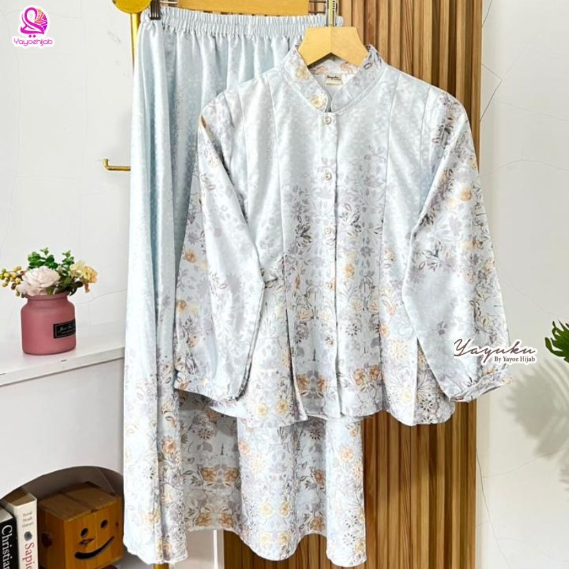 Elina Setelan Wanita Muslimah Motif Floral Premium Blouse Kancing & Rok Panjang Aesthetic Elegan Ade