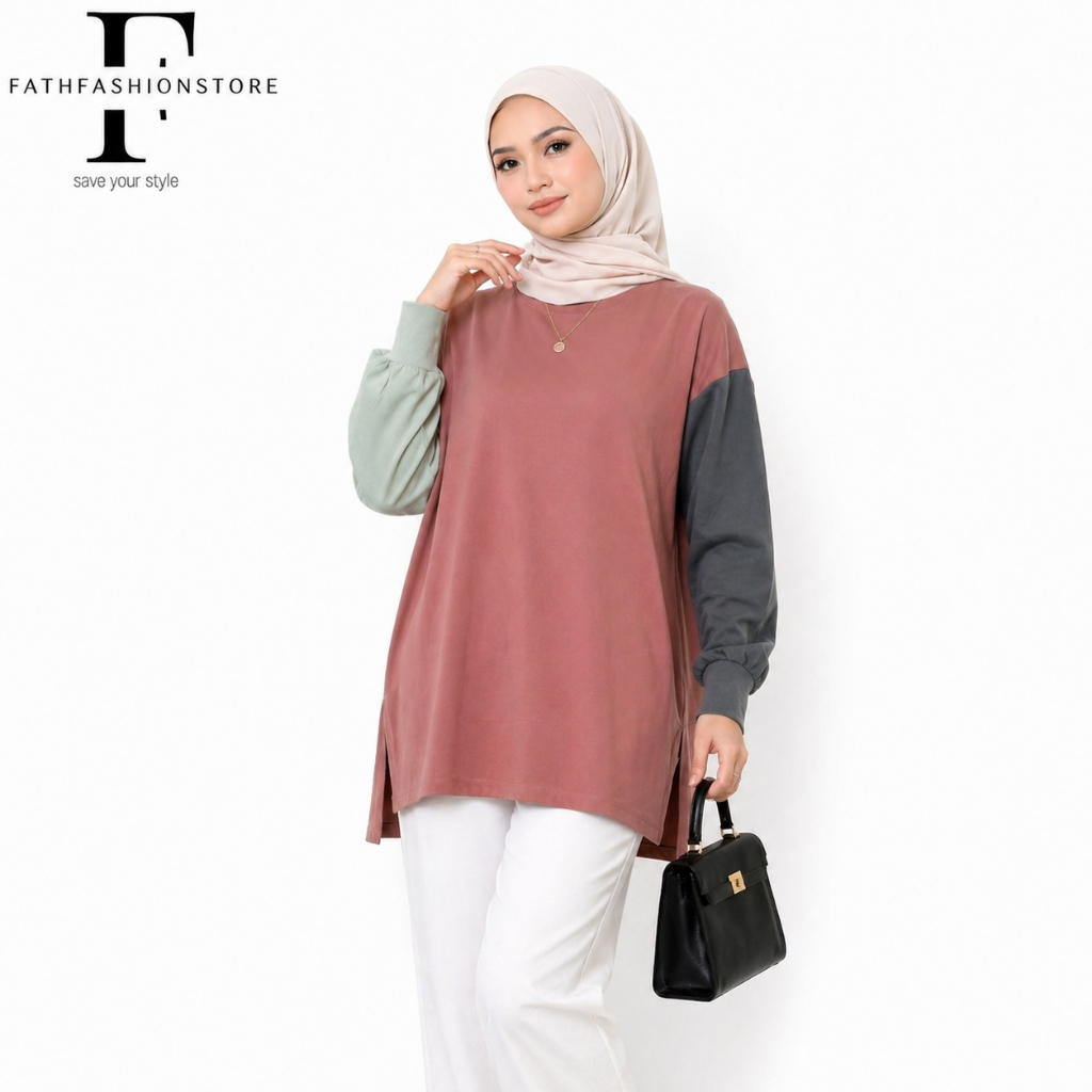 Kaos Tunik Wanita Kombinasi 3 Warna Oversize | Tunik Casual Kekinian Lengan Panjang