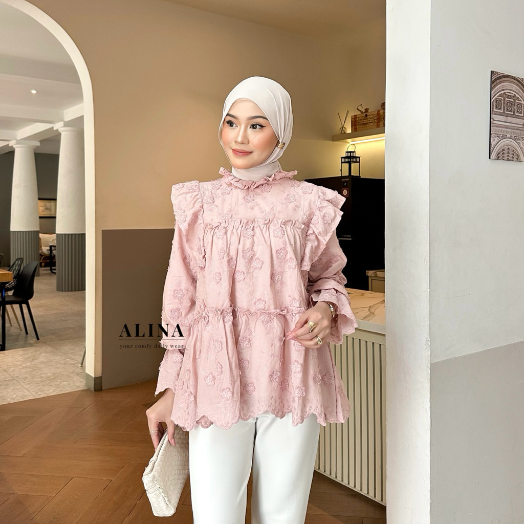 Zalina Blouse Ruffle Katun Bordir 3D / Blouse Cantik / Blouse Wanita Terbaru / Blouse Ruffle Babydol