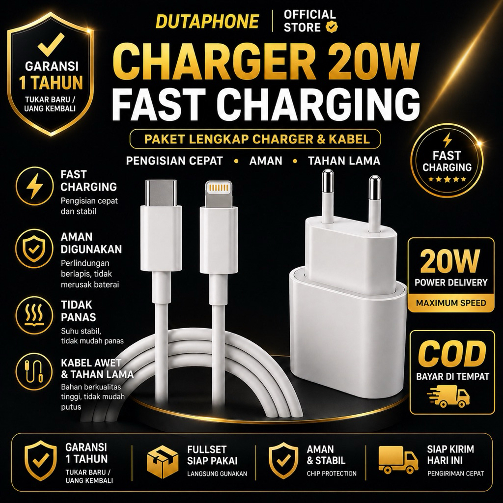Charger iPhone 20W Batok Original Fast Charging USB-C Adapter PD 20 Watt Cas Cepat iPhone 11 12 13 1