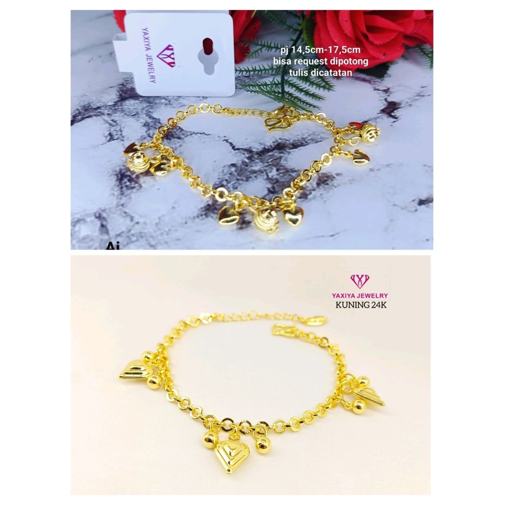 gelang kaca love anak dan dewasa lapis emas