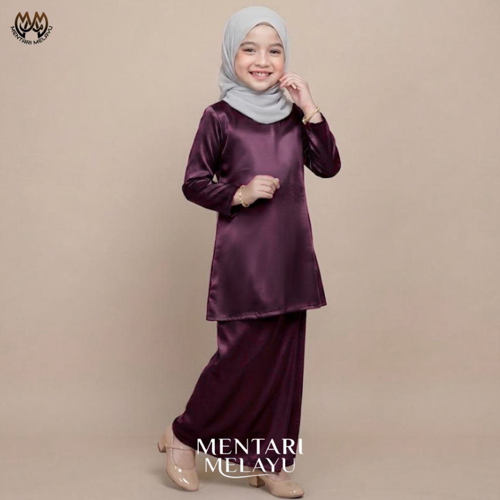 Setelan Baju Kurung Anak Perempuan Melayu Modern Satin Polos One Set Tunik Pakaian Kebaya Muslim Mal