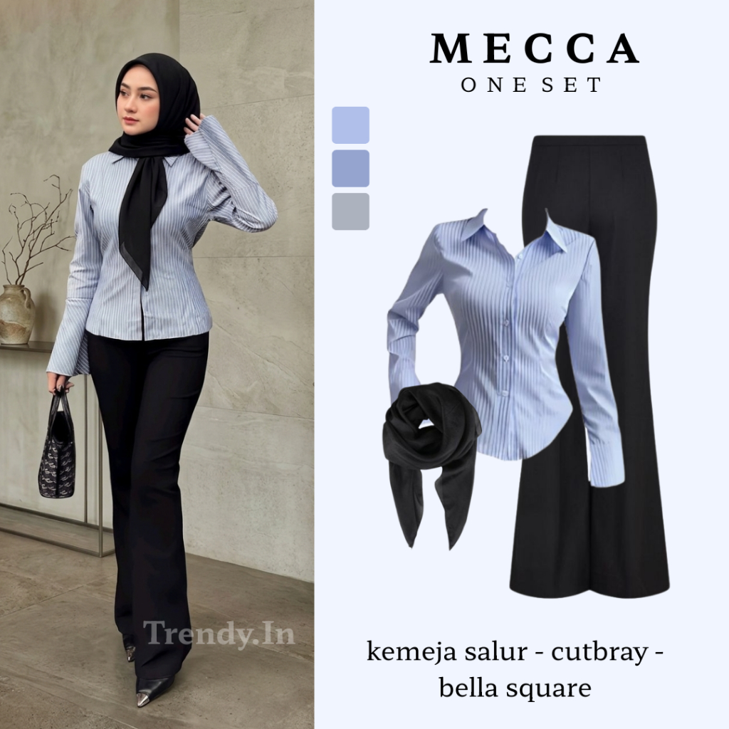 Mecca Set - Setelan Outfit 3in 1 Kekinian | Kemeja Salur - Celana Cutbray - Bella Square | Style One