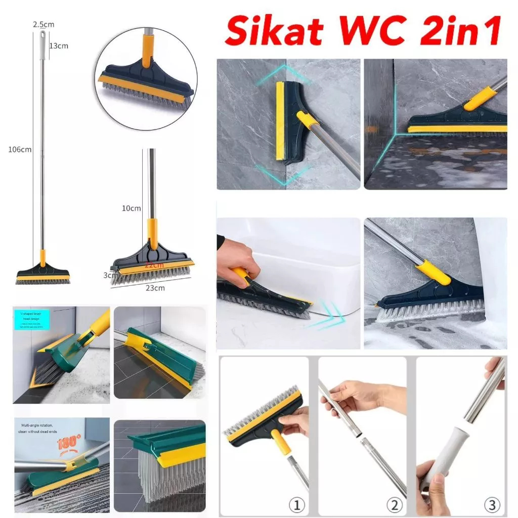 Sikat Lantai Kamar Mandi 2in1 Wiper Pembersih WC Toilet Gagang Panjang Sapu Dorong Air Bulu Bentuk V Bisa Putar 180 Derajat Alat Gosok Sudut Celah Dinding Keramik Serbaguna Multifungsi Magic Broom Wiper Sapu Lancip Sudut Dinding 2 in 1 Hijau Kuning