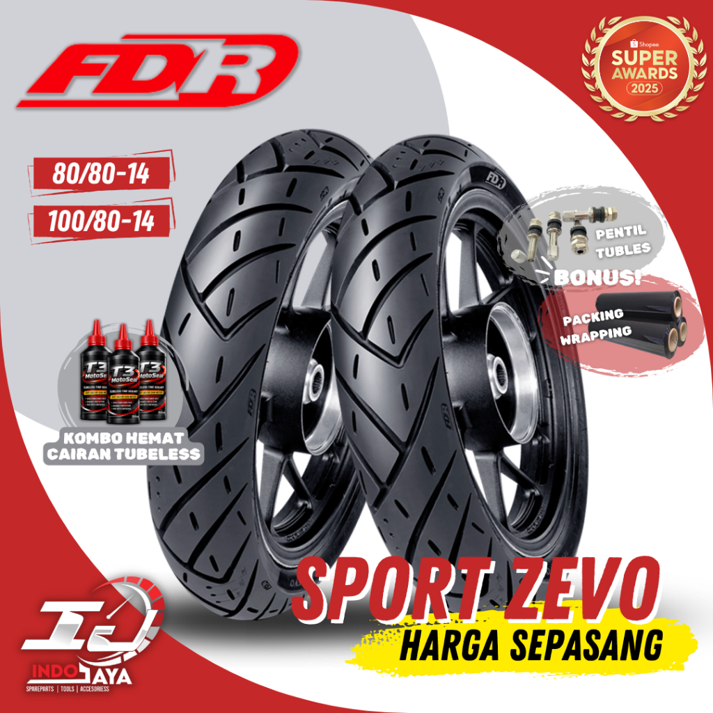 [PAKET MURAH SEPASANG] BAN FDR SPORT ZEVO TUBELESS (80/80-14 & 100/80-14) FDR ORIGINAL / BAN LUAR MO