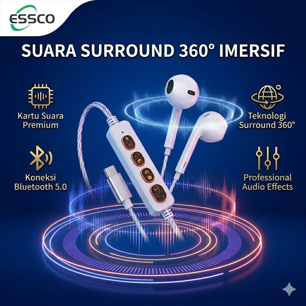 ESSCO H8 Kartu Suara Live Streaming Type-C Support Headset Monitor & Mic Karaoke, untuk Live Streami