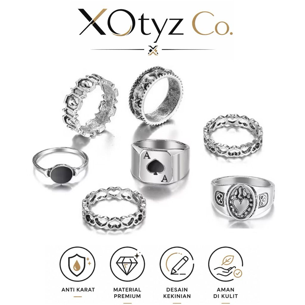 Cincin Retro 7 Pcs | Cincin Pria Wanita | Cincin Keren | Satu Set Cincin | Aksesoris