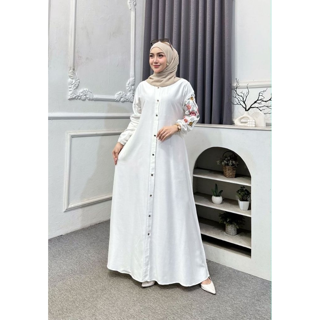 Gamis Bordir.Gamis Twill Bordir.Gamis polos Putih klok A