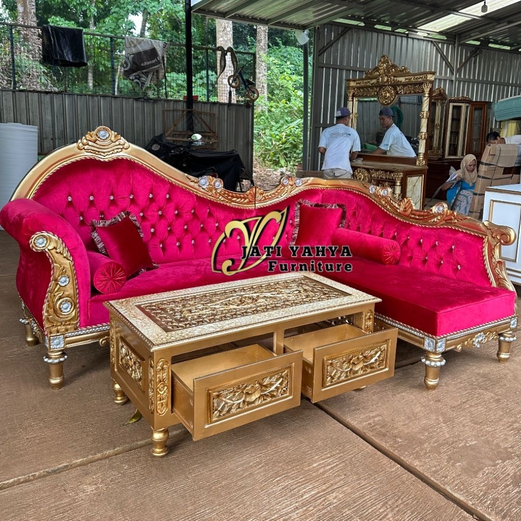 sofa L sudut Jati 240 x 170 set meja kopi uk 120 x 60
