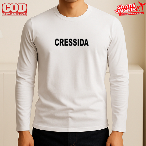 T-Shirt pria Kaos Pria Dan Wanita Kaos distro Kaos Lengan Panjang Cressida Text Print Black Kaos Dew