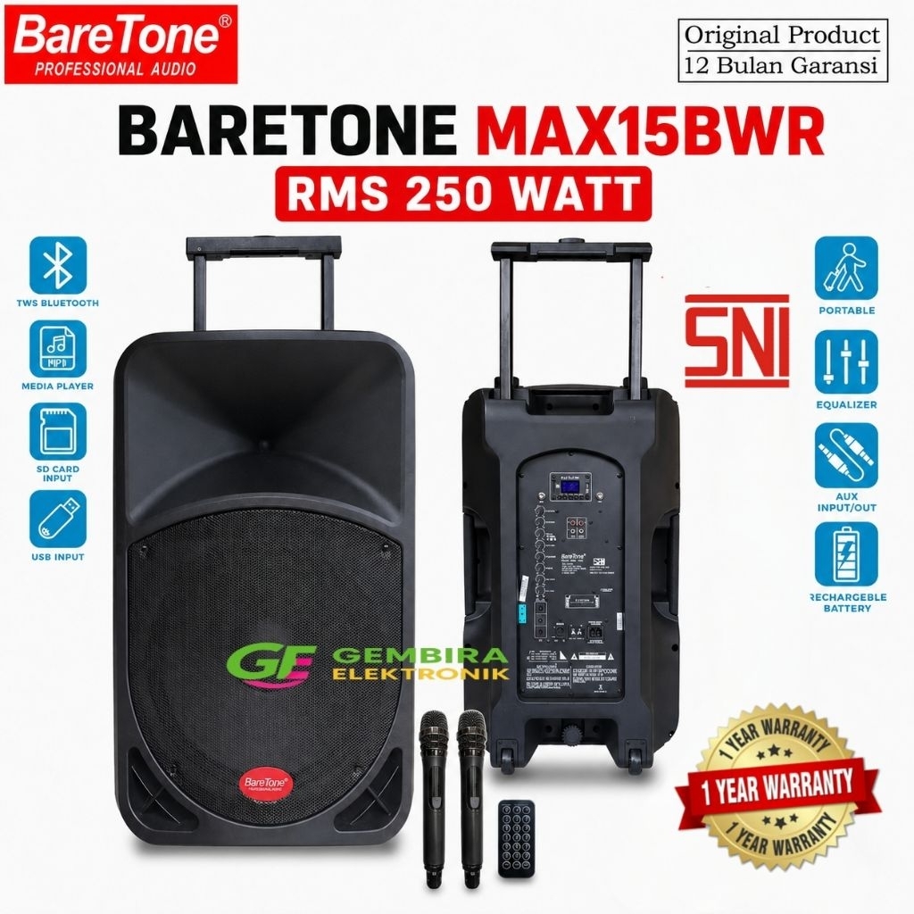 SPEAKER PORTABLE 15 INCH WIRELESS BARETONE 15 BWR - BLUETOOTH TWS