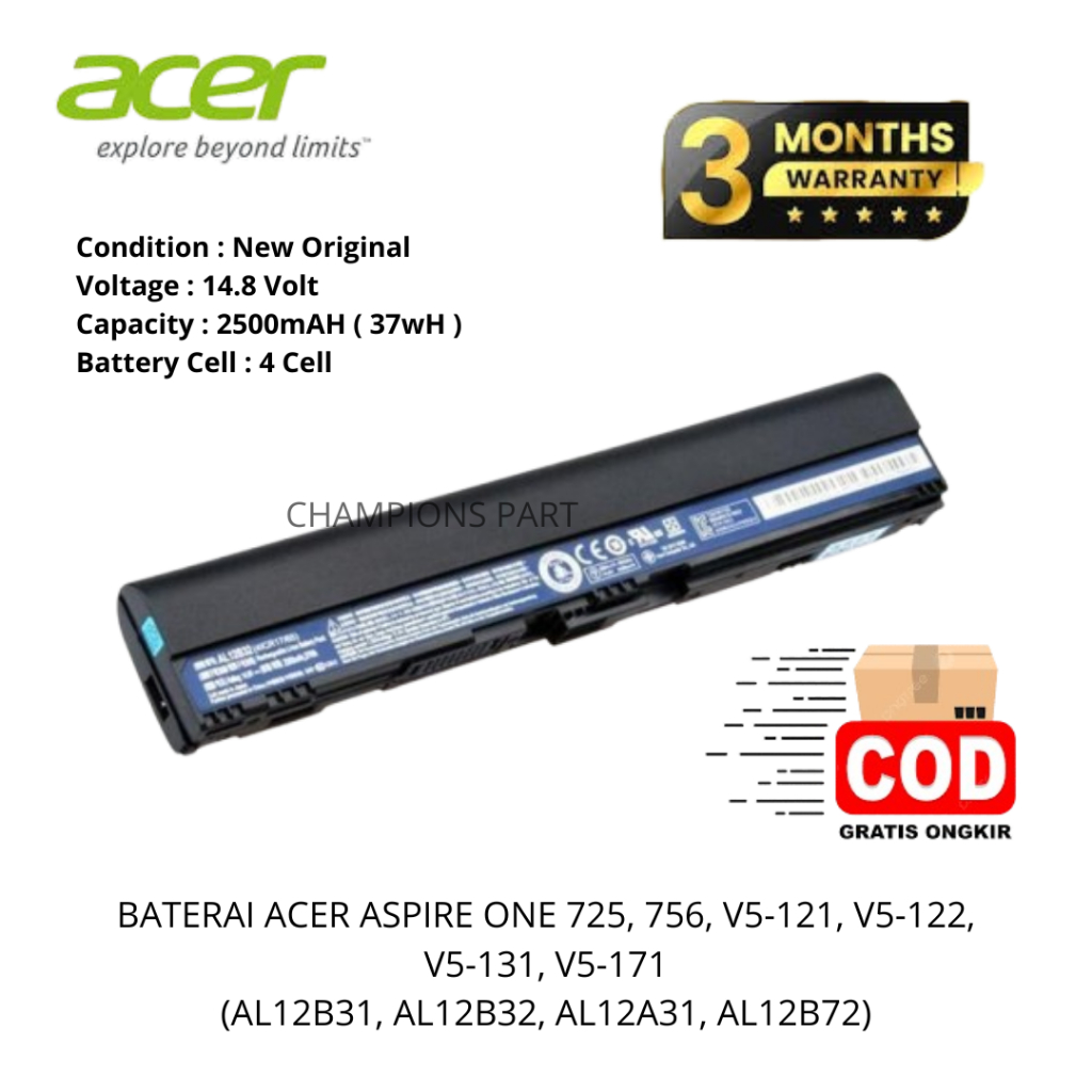 Baterai Original Acer Aspire One 725 756 AO725 AO756 V5 121 V5 123 V5 131 Travelmate B113 AL12B31, A