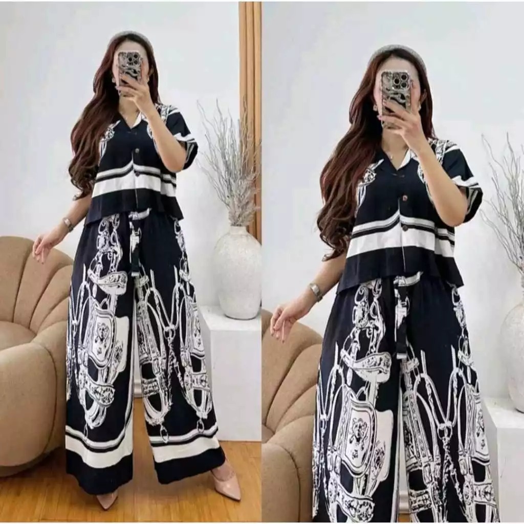 Setelan Crop wanita kekinian | one set Crop celana kulot jumbo | busui frendly kancing motif wayang
