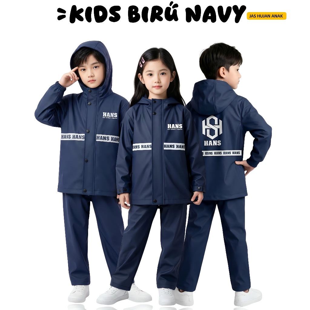 Jas Hujan Anak Hans Biru Navy Setelan Set, Anti Air, Kasual, Motif Logo