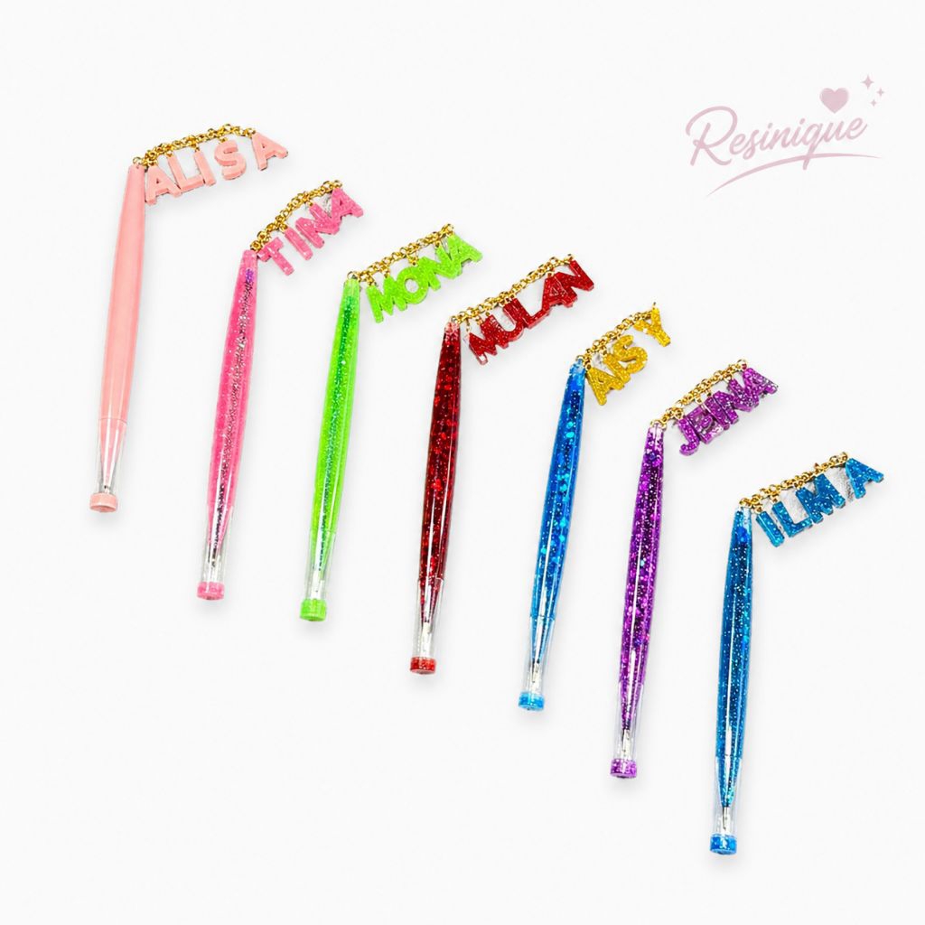 Pulpen Custom Nama Resin Glitter Aesthetic Lucu Gantungan Huruf