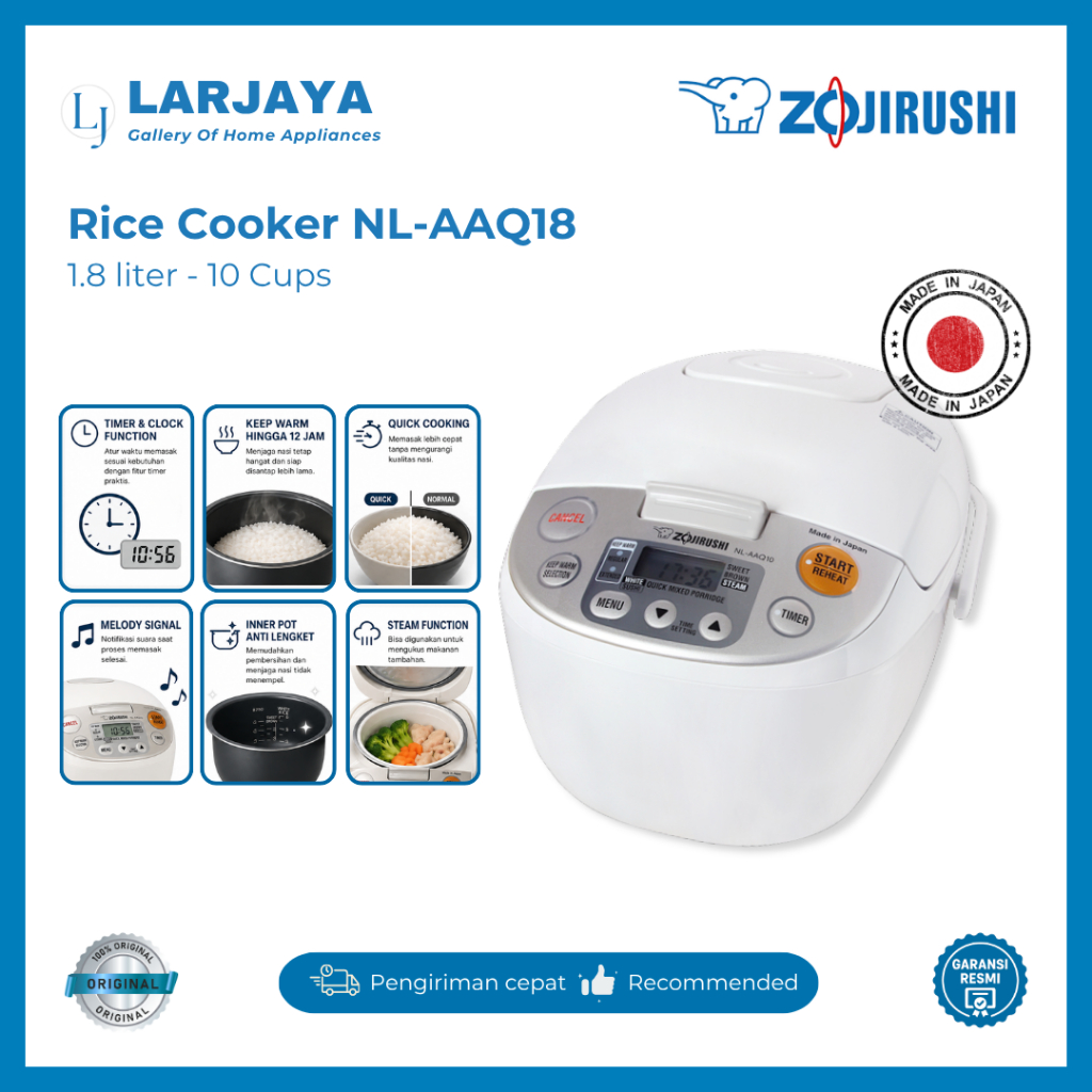 Rice Cooker Digital Zojirushi 1.8 Liter (10 Cups) NL-AAQ18 Made in Japan
