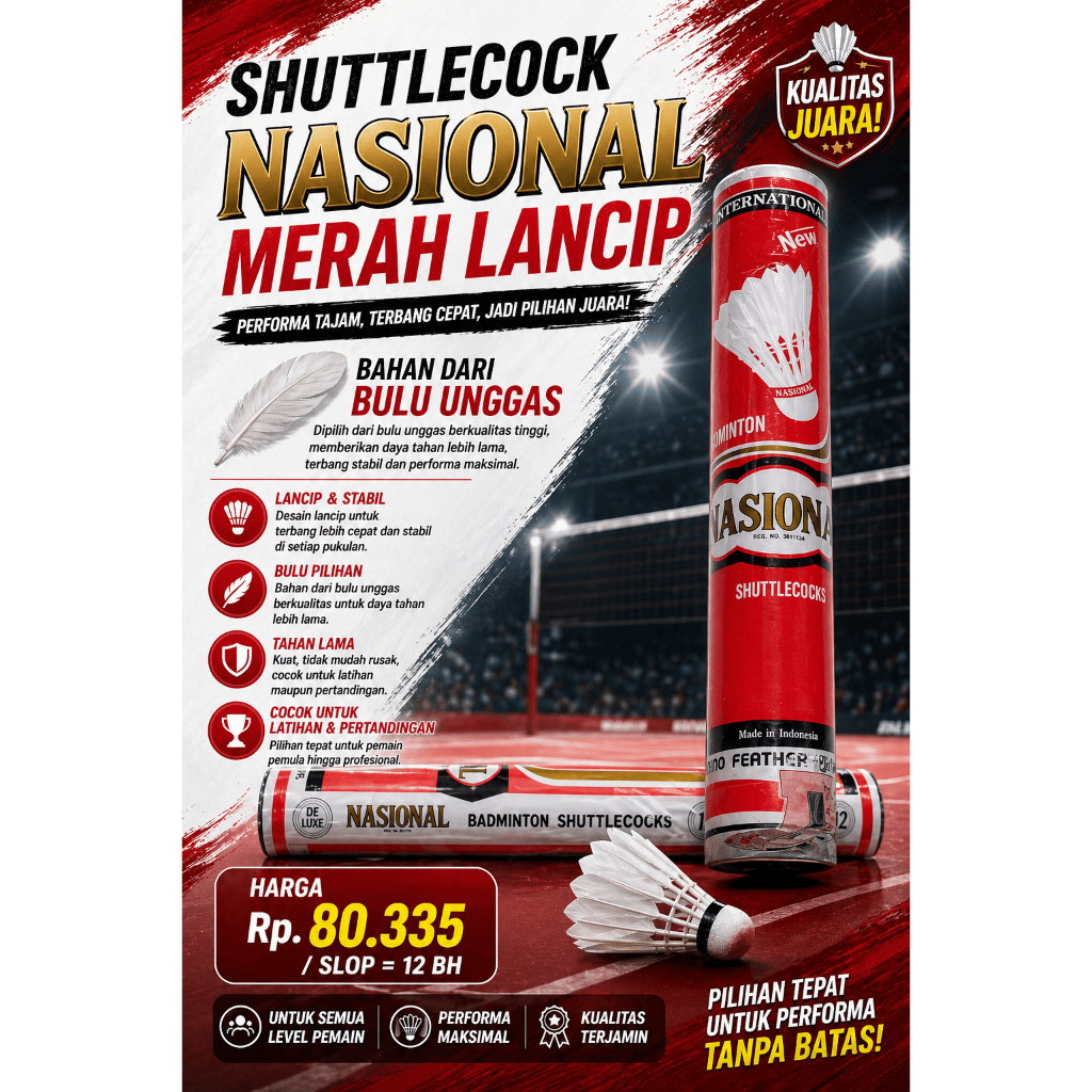 SHUTTLECOCK NASIONAL MERAH LANCIP / KOK BULUTANGKIS 12pcs / KOK BADMINTON