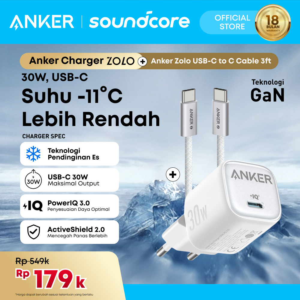 Anker Zolo GaN 30W 20W Adaptor Kepala Charger iPhone 17 16 15 Samsung Type C PD Ice-Cooled Fast Char