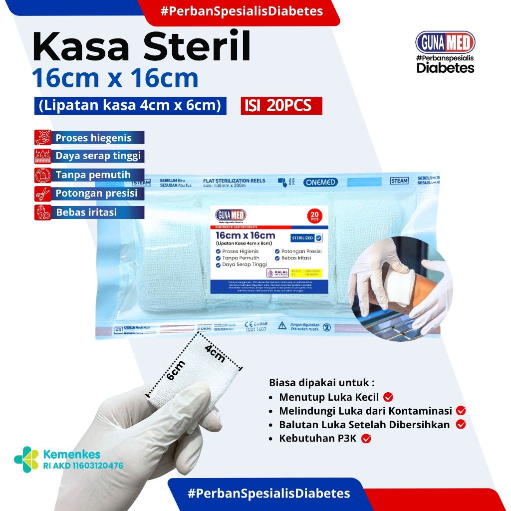 KASA STERIL GUNAMED / KASA 16CM X 16CM ISI 20 PCS / LIPATAN KASA 4CM X 6CM