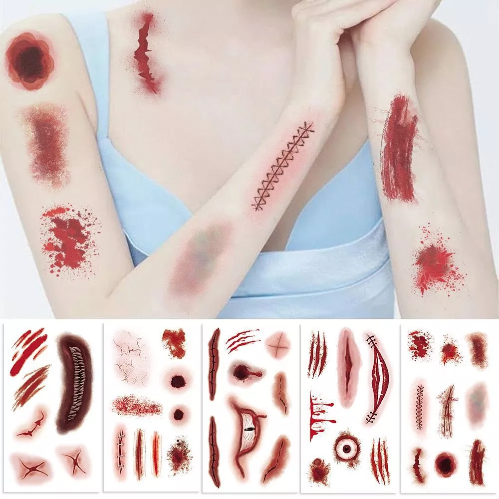 HIASAN KERTAS STIKER TATO TEMPORER MOTIF BEKAS LUKA NYATA COSPLAY PRANK HIBURAN CUKUP DENGAN AIR UNT