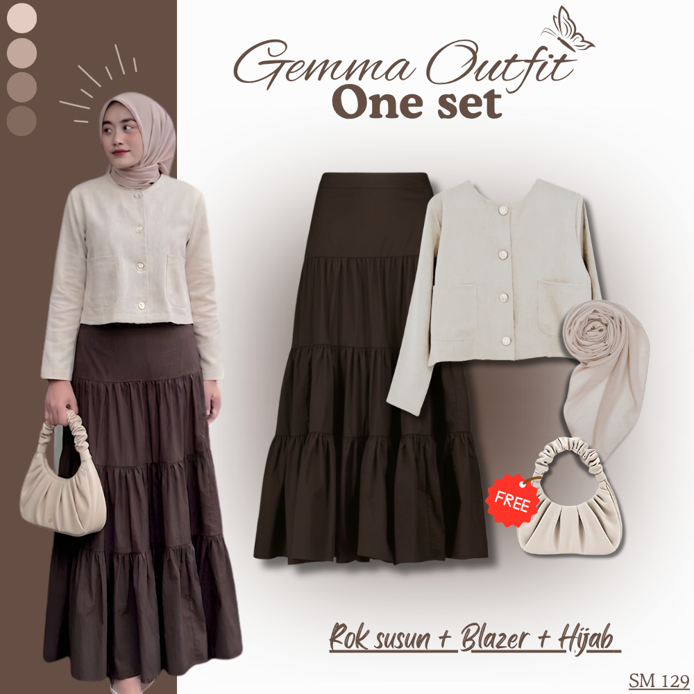 One Set Wanita Kekinian Premium FREE TAS  ( Blazer Gemma,Rok Susun,Hijab ) Outfit Simple Tapi Kece S