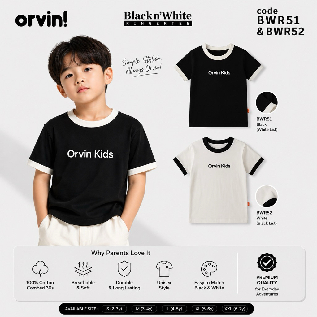 OrvinKids Kaos Anak Ringer tee Black n White Unisex