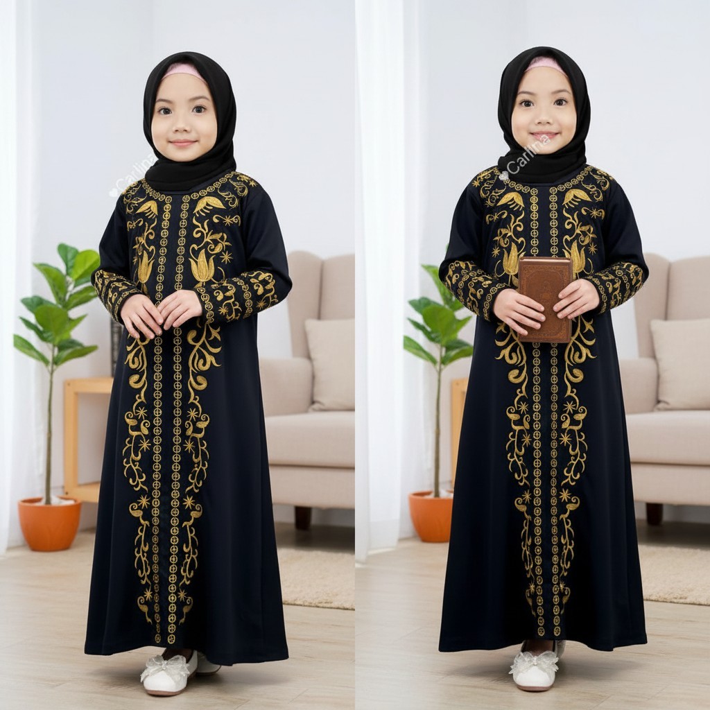 CARLINA Abaya Gamis Arab Hitam Putih Bordir Mewah Syahbah Anak Perempuan