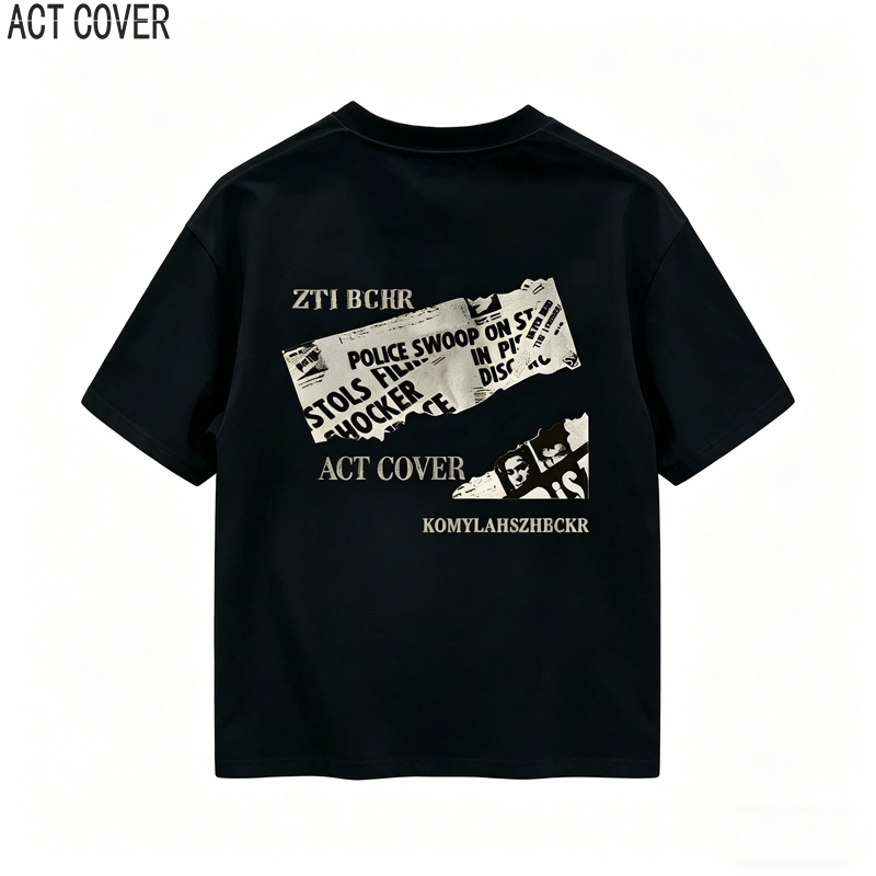 ACT COVER Kaos Hitam Oversize Motif Koran Sobek - Baju Streetwear Pria Wanita