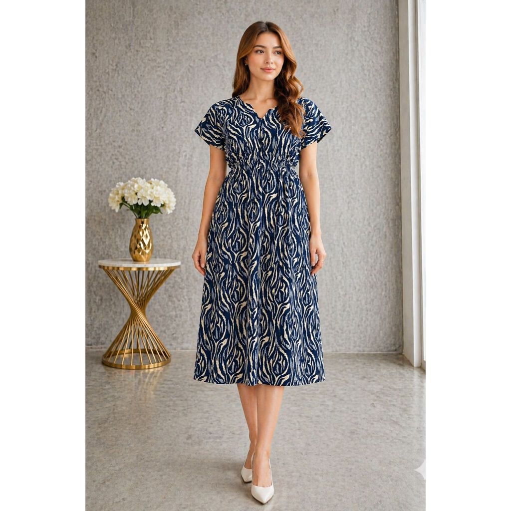 Daster Wanita Rayon Motif Zebra Merah – Adem, Nyaman, Midi Dress Kekinian
