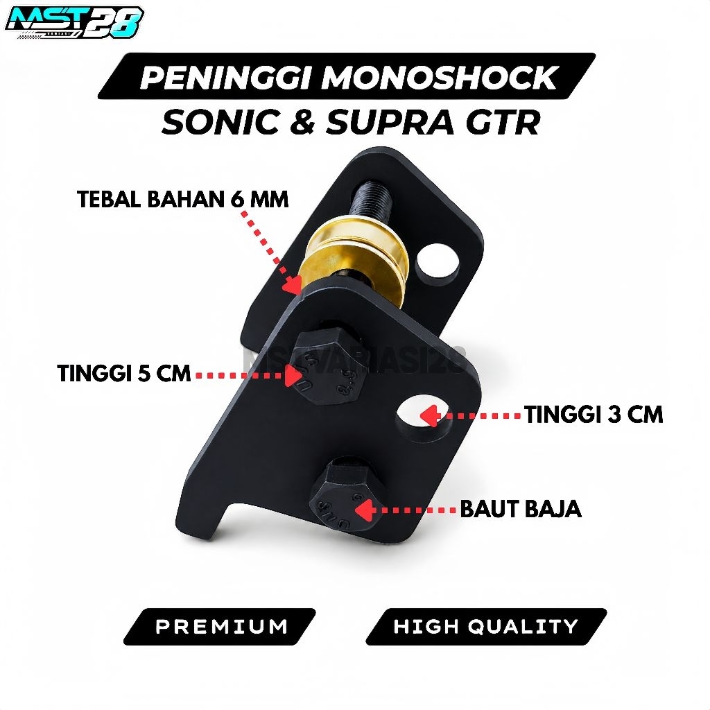 Peninggi Monoshock Sonic 150R & Supra GTR 6 mm Besi Kuat 3-5 cm Cat Hitam Silver Merah Baut Baja 14 