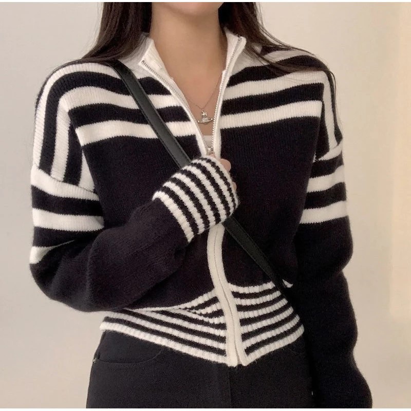 Kardigan Rajut Korea Striped Kualitas Premium dan Lembut / Sweter Zipper Basic Auntum Oversize