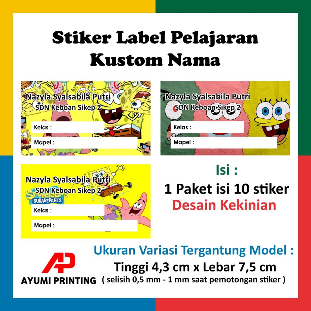 Stiker buku nama anak Spongebob isi 10