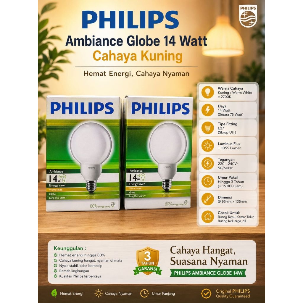 Lampu Philips AMBIANCE GLOBE  14 Watt [  | Cahaya Kuning E27
