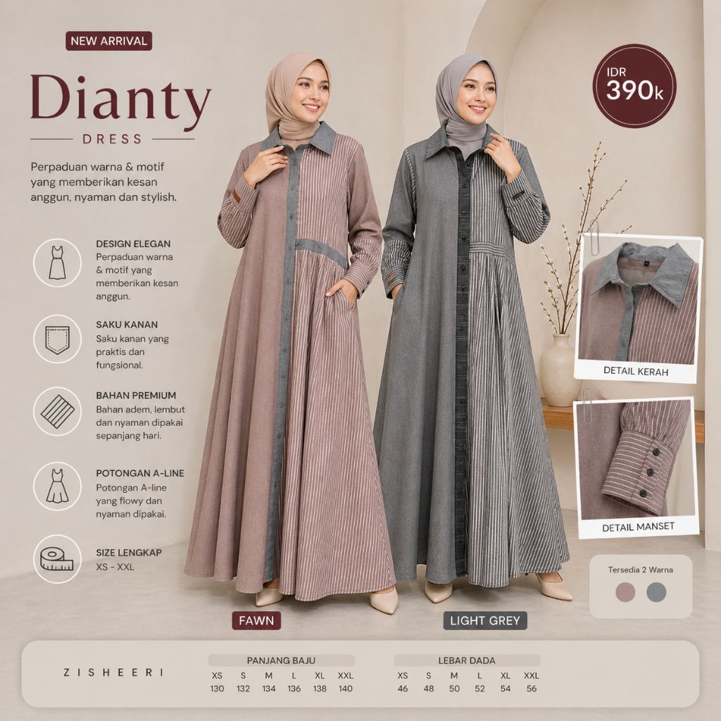 ZISHEERI GAMIS DIANTY (LIGHT GREY, FAWN) Dianti Dianthi Dress Wanita Muslimah