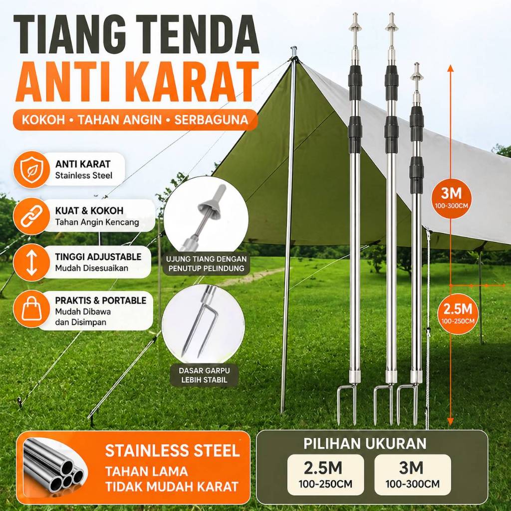 Tiang Tenda Kanopi Teleskopik Stainless Steel Panjang Pendek untuk Camping dan Berkemah