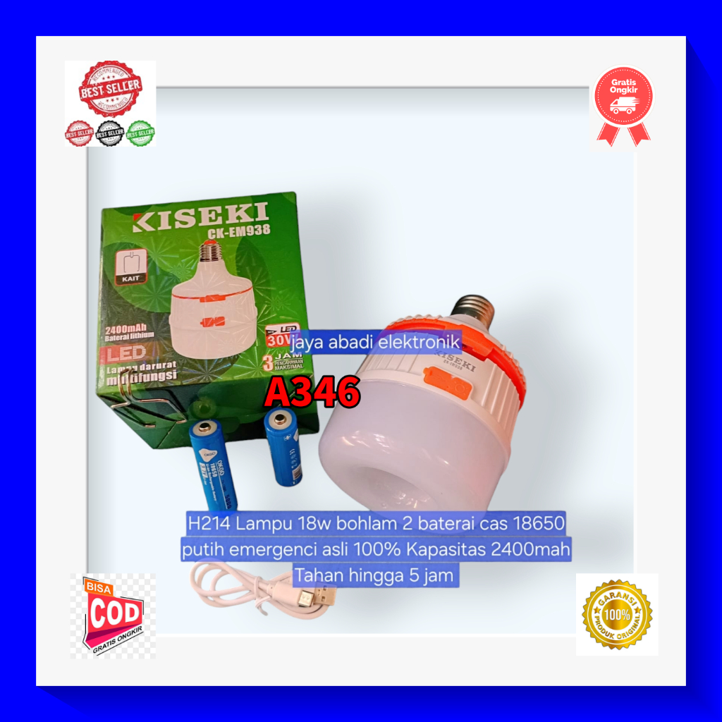 A346 LAMPU  2IN CAS DAN FITTING E27 H214 Lampu 18w bohlam 2 baterai cas 18650 emergency putih white 