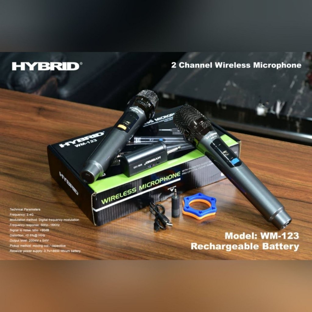 HYBRID WM-123 Wireles microphone Rechargeable Battery, 2 channel Wireless Microphone