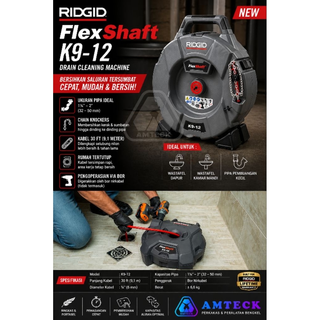 RIDGID K9-12 FlexShaft Mesin Pembersih Saluran Drain Cleaning Machine Portable 30FT Alat Buka Sumbat