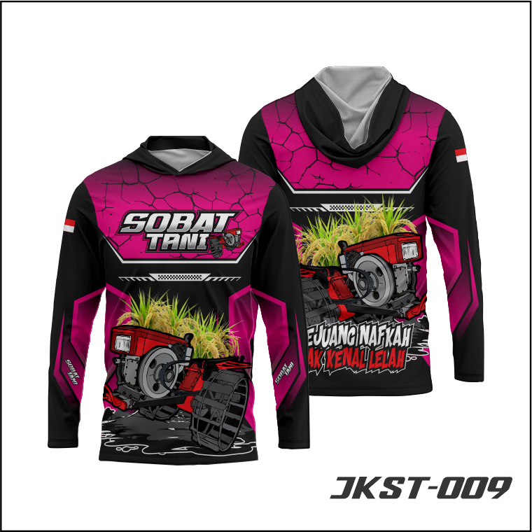 Hoodie Panjang Sobat Tani Motif Traktor Dan Padi Warna Hitam Merah Muda Full Printing