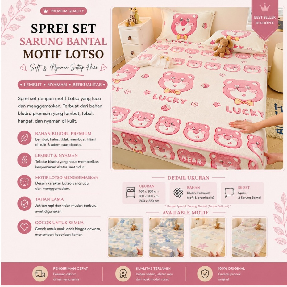 SPREI SET SARUNG BANTAL/ MOTIF BAHAN BLUDRU//BAHAN LEMBUT DAN HALUS